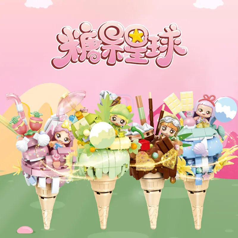 

SEMBO Lot Candy Planet Strawberry Matcha Chocolate Sea Salt Vanilla Ice Cream Cone 4 Set Cute Gourmet Brick Toy For Girl Gift