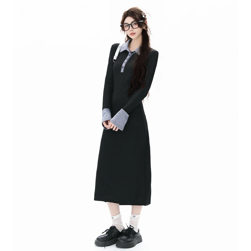 

Korean-style faux two-piece dress with long skirt and shirt combination, featuring a stylish design, college-style, waist-cinchi