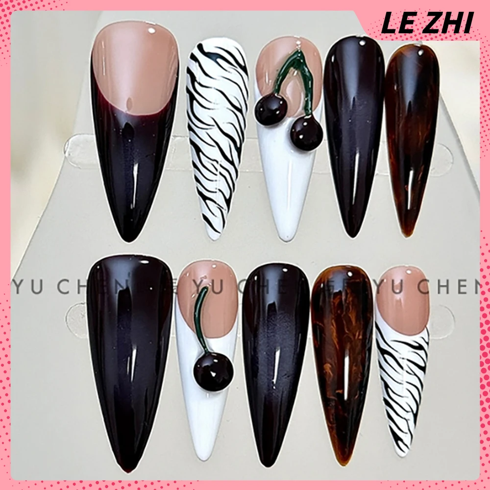 10Pcs High Quality Spice Girl Handmade Long Coffin Stiletto Press On Nails Snake Bone Diamond Flowers French Fake Nails Gift