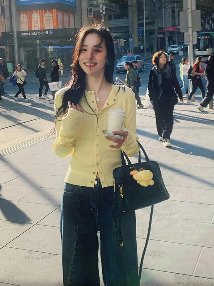 

Lilystore Ele Yellow Knitted Button-Up Long Sve Slim Fit Cardigan Autumn 2024 New Sle Women's Faion Slimming Top