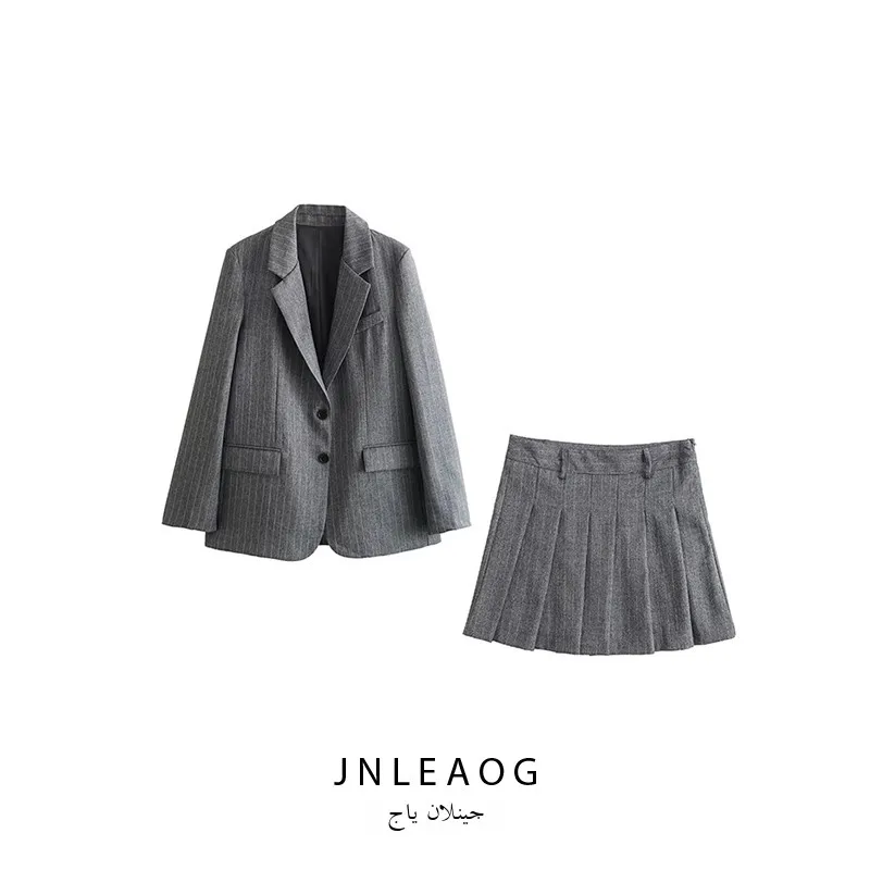 

Summer New Women's Faioned Wool Blend Suit Jaet Skirt with Thin Stripe Design French Sle All Seasons Women's Set