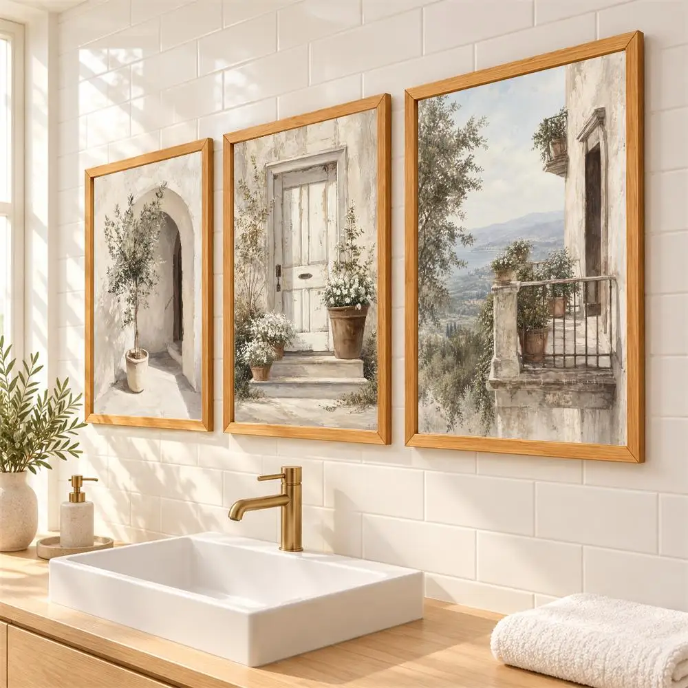 European Villa Doorway Balcony Scenery Painting Calligraphy 3 Pieces Canvas Poster Set Wall Art for Living Room Home Decor Gift