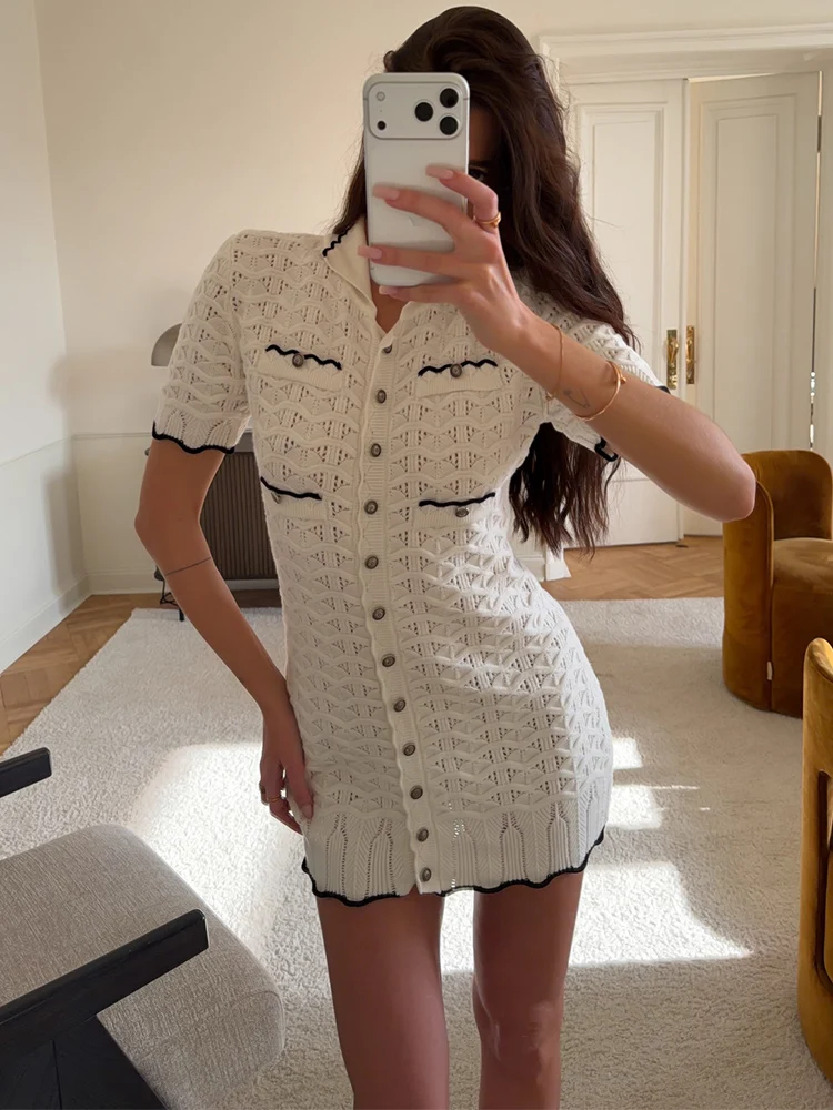 

Trendix Summer Elegant Knit Dress For Women Fashion Knitted Hollow Out Cardigan Dresses Button Slim High Waist Party Dresses