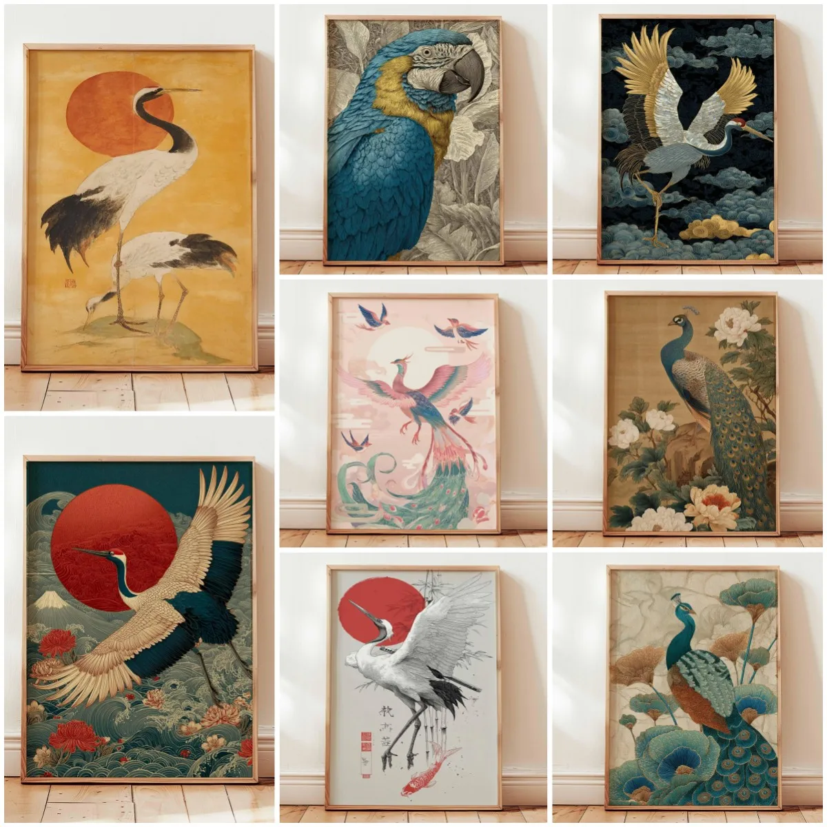 طباعة فنية لملصق الرافعات اليابانية، لوحة حبر تقليدية، فن الطيور الأنيق، ديكور جدار الطبيعة، ديكور المناظر الطبيعية الشرقية