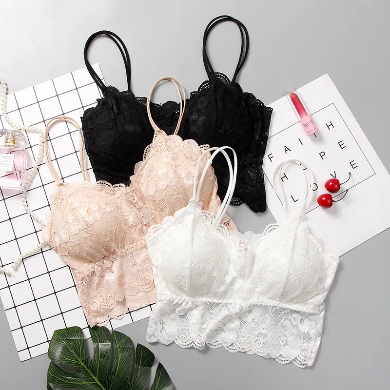 Women White Crop Tops Lace Print Camisole Sexy Hollow Backless Bra Removable Chest Pad Bralette Solid Beauty Back Tank Top