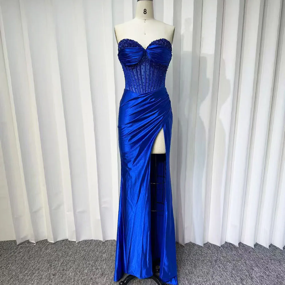 Elegantes Luxus-Abendkleid aus Satin mit Schlitz, Perlen, Meerjungfrau, Schnürung, langes formelles Abschlussball-Hochzeitskleid für Frauen 2025, individuell gestaltet