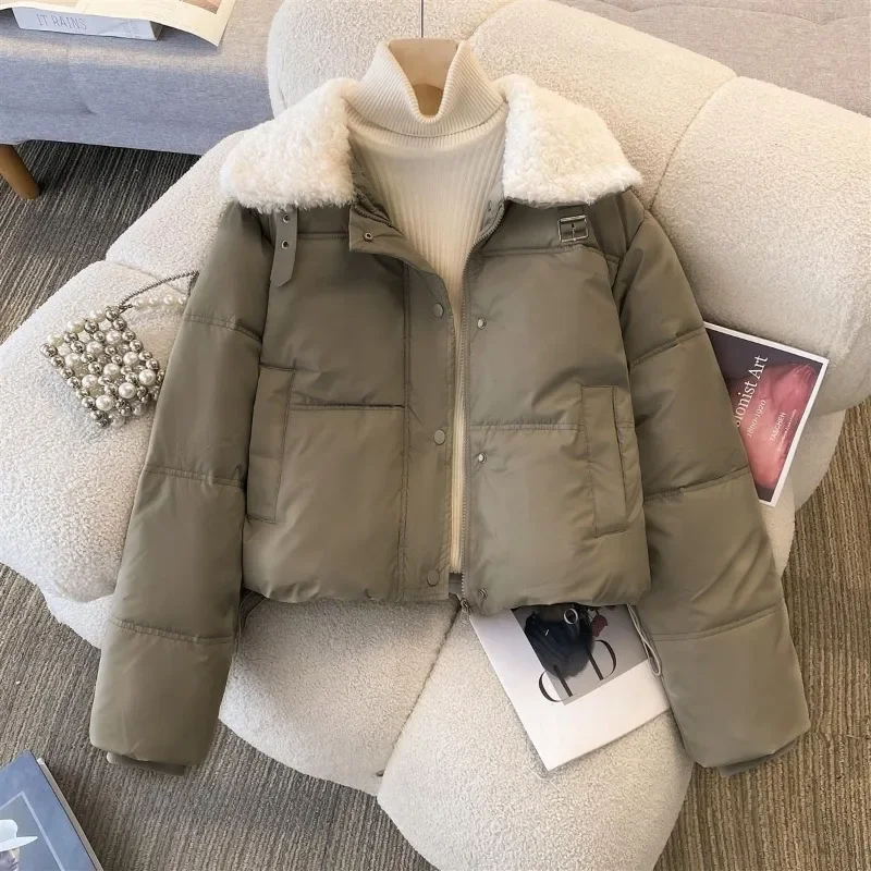 Korean Fashion Cropped Puffer Parka Women Faux Shearling Collar Buckle Decor Thick Warm Winter Coat Casual Streetwear Outfit