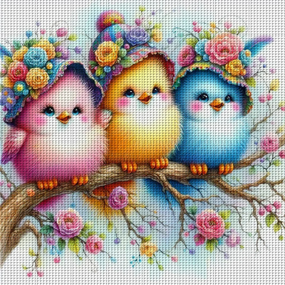 Branch Chicks Kreuzstich-Set zum Selbermachen, 11CT, Stickerei, Heimwanddekoration, Geschenk, handgefertigtes Material, rahmenlos, halbfertig, 36 x 36 cm