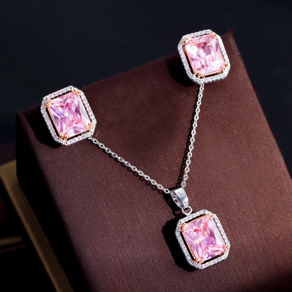 

ThreeGraces Shiny Pink Cubic Zirconia Geometric Square Stud Earrings and Pendant Necklace Party Jewelry Set for Women JS593