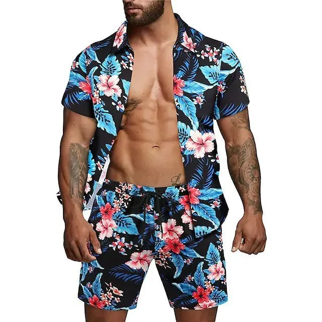 2023 New Fashion Hawaiian Shirt Set Mens Printing Set Short Sleeve Summer Casual Floral Shirt Beach Two Piece Men Sets S-6XL