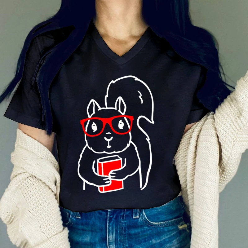 Red Glasses Squirrel Women T-shirt V-neck Fashion Funny Animal Lady Top Tees Anime Cartoon Shirt Casual Female Squirrel Clothing