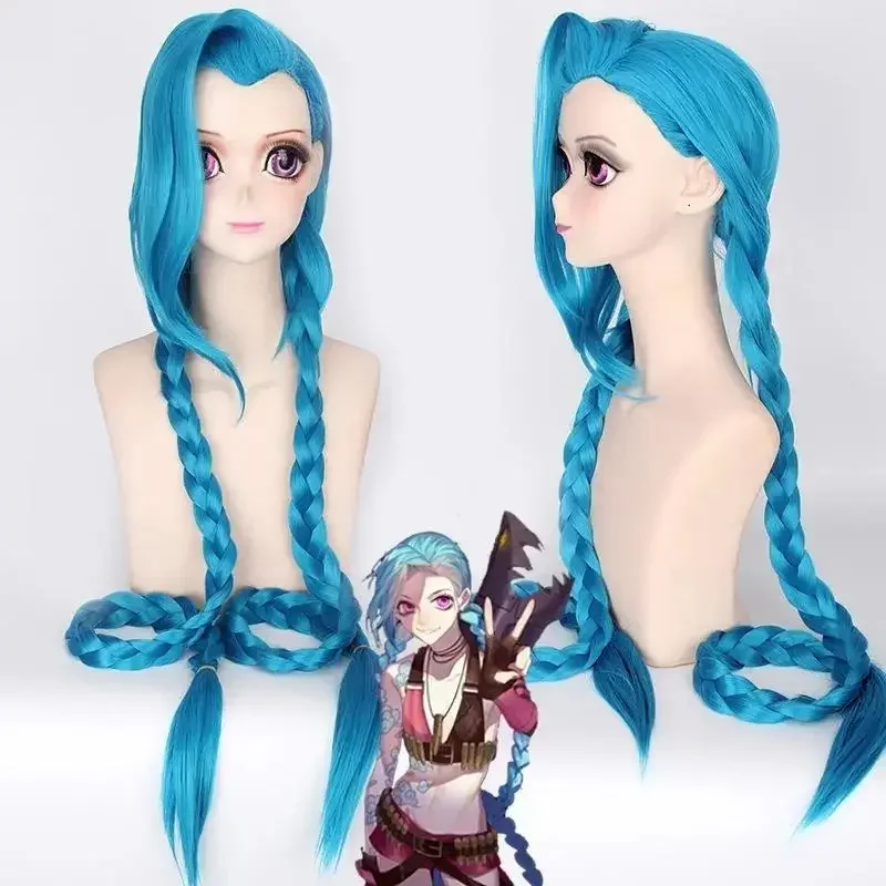 Cosplay Lol Jinx 120cm Long Blue with Double Braids Halloween Anime Costume Wig Heat Resistant Synthetic Wigs   Free Wig Cap