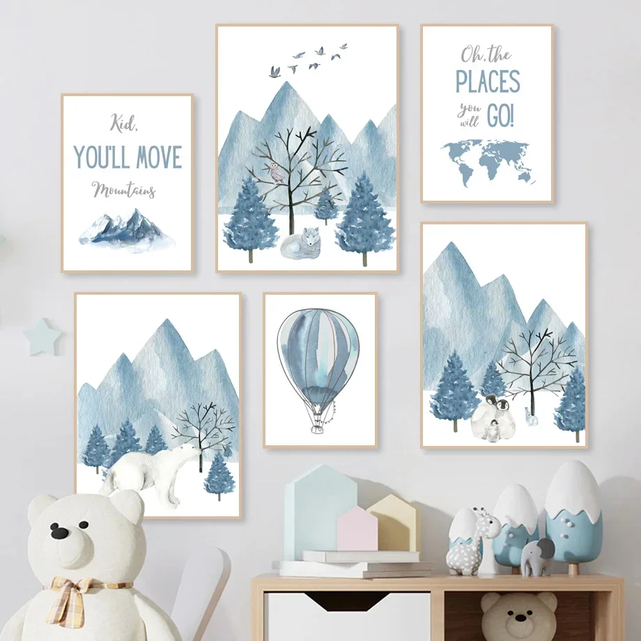 Canvas Wall Pictures forKid Room DecorPolar Bear, Penguin, Snow Rabbit, Wolf, Iceberg, Mountains, Balloon, World Map, ArtPosters