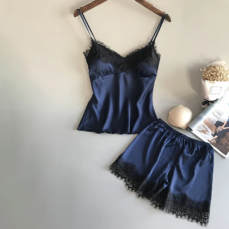 Pyjama sexy en dentelle pour femmes, vêtements de nuit décontractés à col en v, lingerie