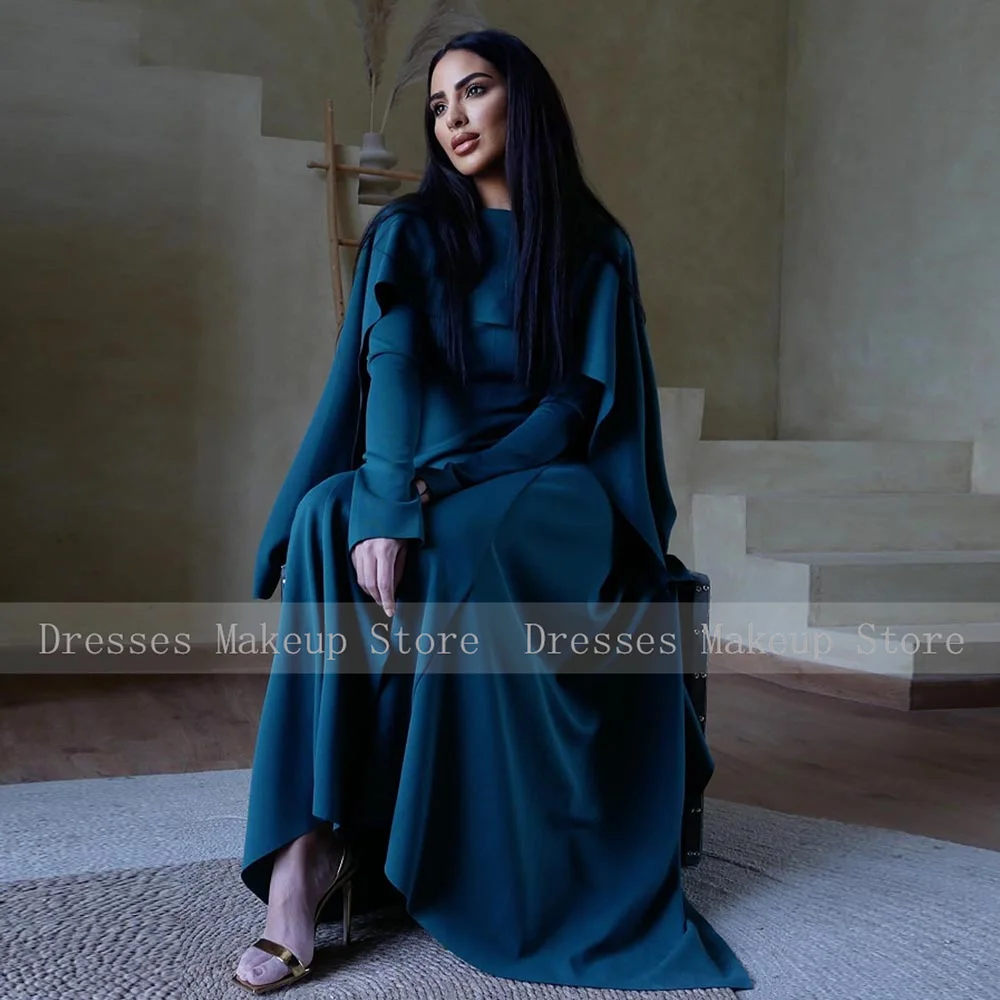 Modest Evening Dress Long Sleeves O Neck Cape Hunter Green Jersey Women\'s Evening Gowns 2024 Elegant Wedding Party Dresses Maxi