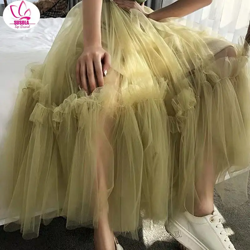 

SUSOLA Autumn Winter Vintage Tulle Skirt Women Elastic High Waist Mesh Skirts Long Pleated Tutu Skirt Female Jupe Longue