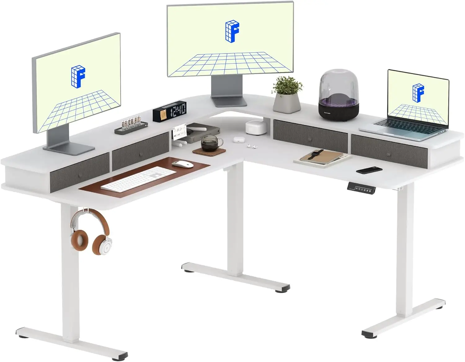 

L Shaped Standing Desk with Shelf Electric Corner Table, Drawers, Adjustable Computer Workstation for Home, Office,USB