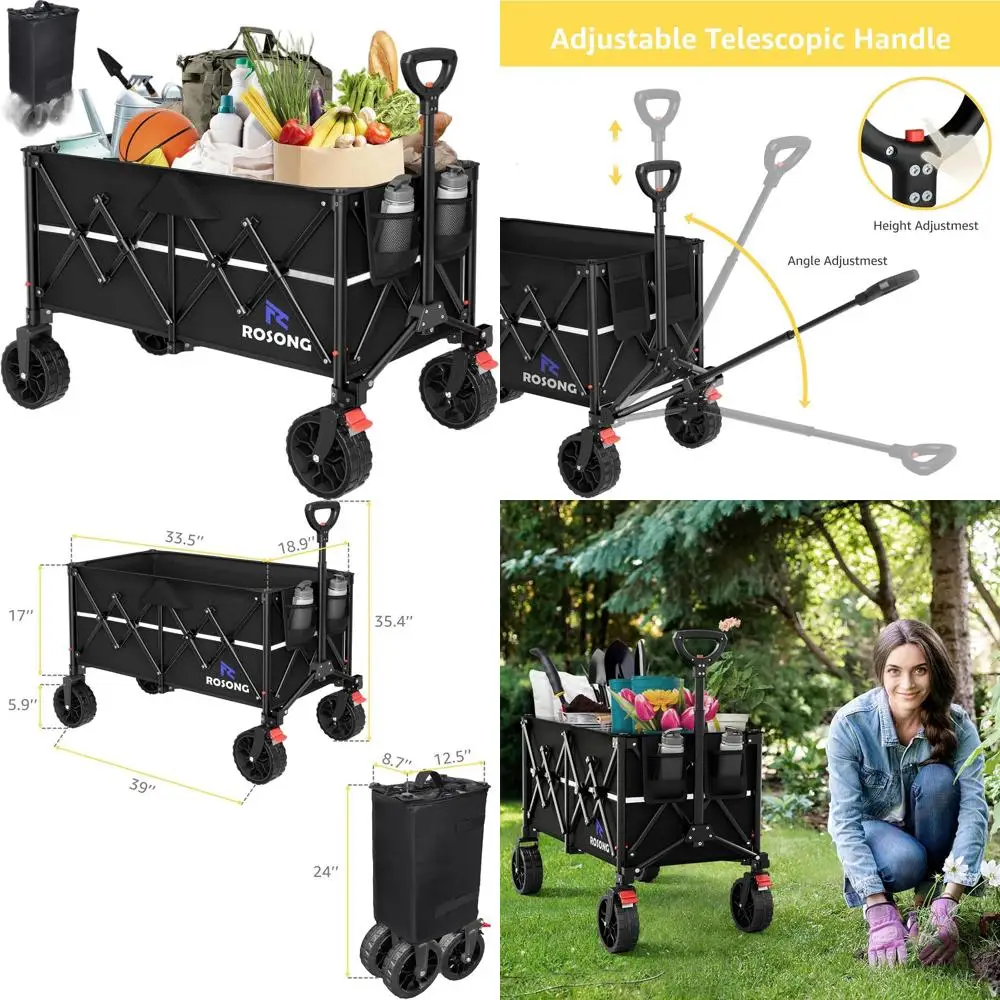 

Folding Utility Wagon with Heavy-Duty Wheels for Shopping, Gardening, and Camping (Black, 150L)