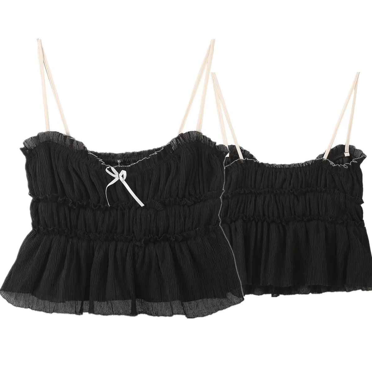 

Jenny&Dave French Black Textured Camisole Shirt Women Bow Tank Top Summer Blouse Women