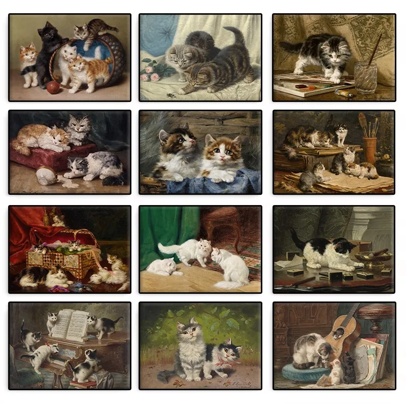 Victorian Cat Family Poster Whimsical Vintage Rustic Cute Animal Kitten Portrait Canvas Painting Wall Art Living Room Home De