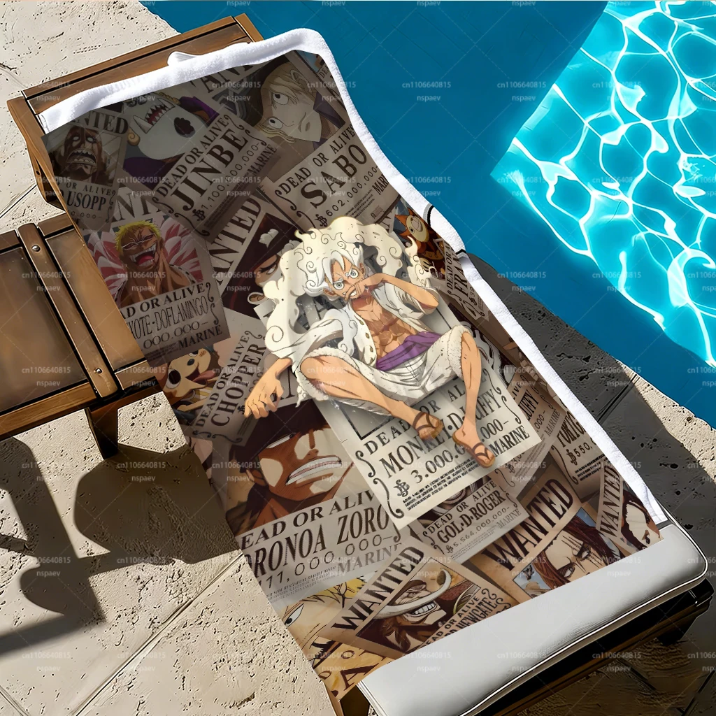 Retro Pirate Wanted Bounty Large Beach Towel, One Piece All Characters Absorbent Lightweight Towel for Pool Camping Travel