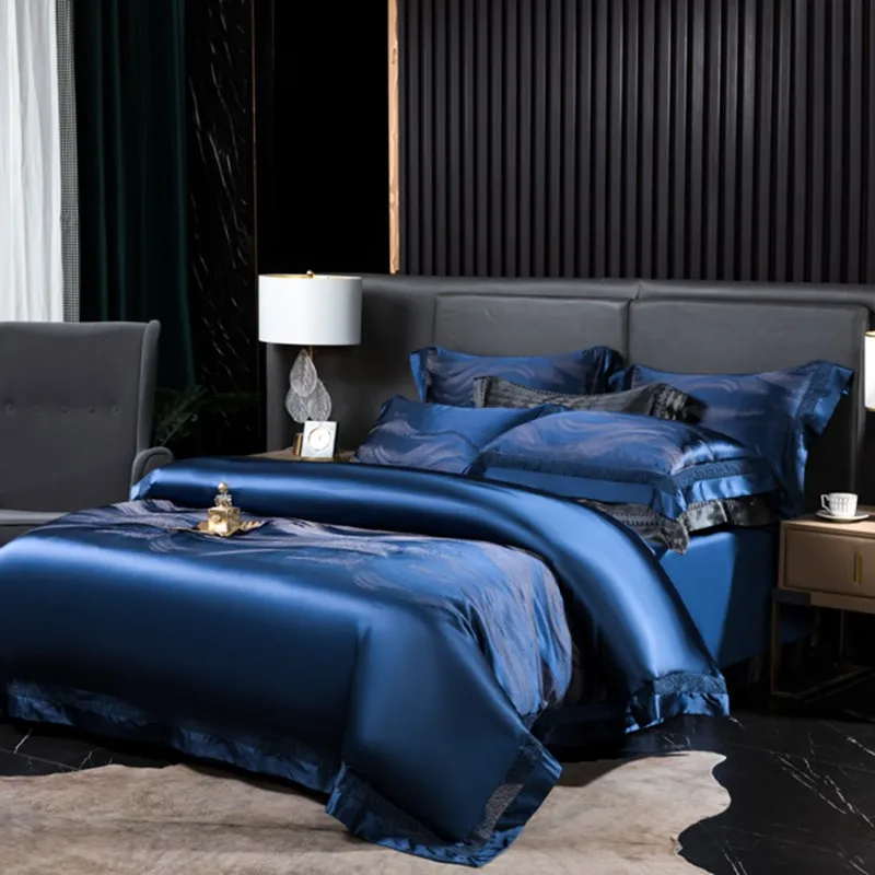 Imagem -02 - Conjunto de Cama Azul Luxo Silky Satin Duvet Cover Double Queen King Pcs Soft Satin Algodão Egípcio Cama Folha Fronhas