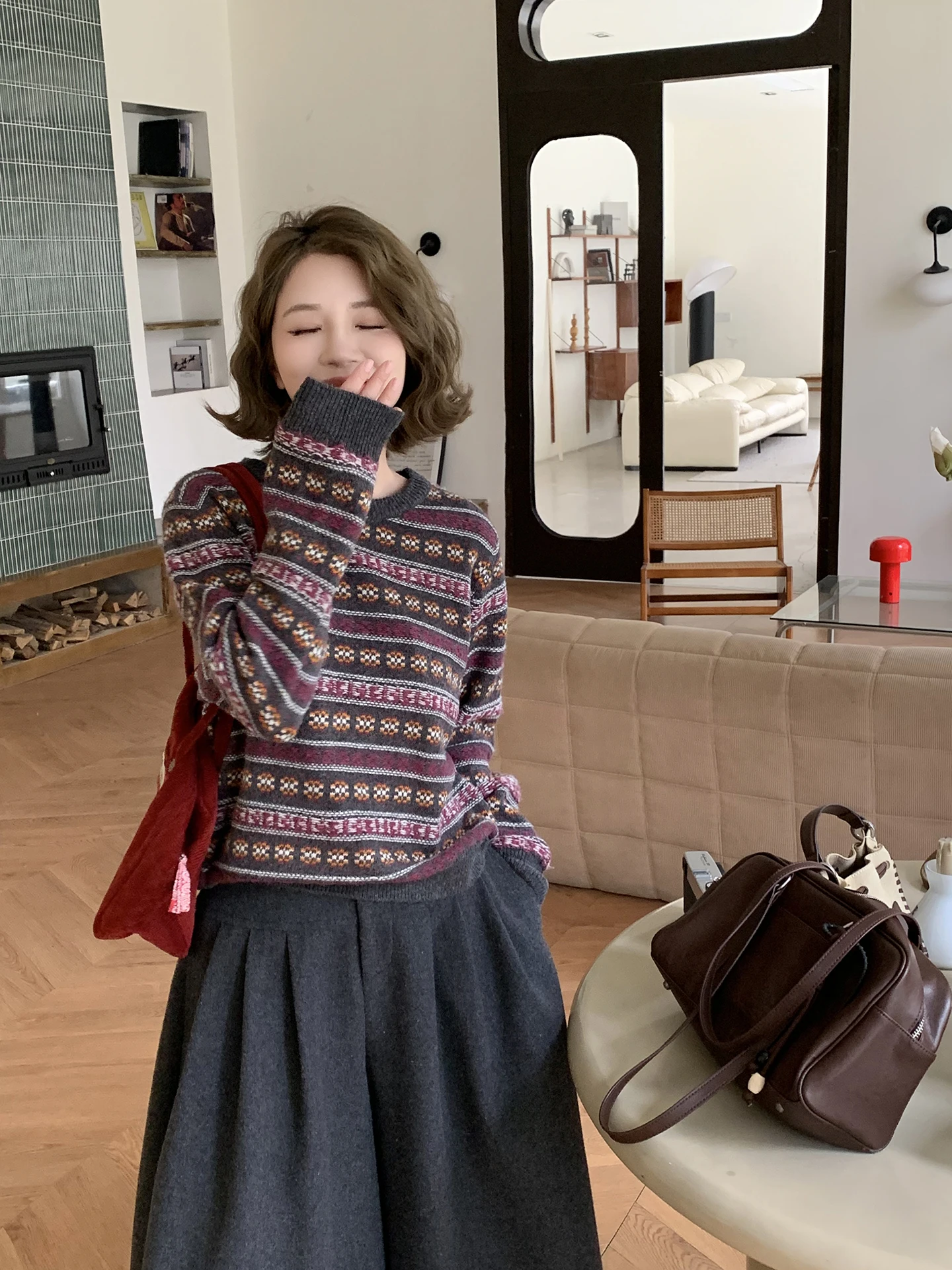 

ELINSU00 Винтажный вязаный свитер с узором Fair Isle, женский, осенне-зимний, свободный, с длинными рукавами, круглым вырезом, шерстяной топ