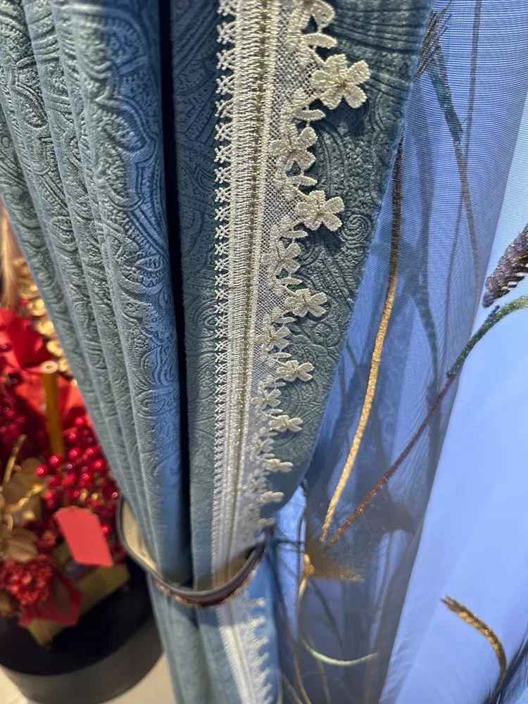 Customized Blue Wheat Embroidery Gauze Curtain Relief Velvet Curtains For Living Room Bedroom Balcony French Window Finished