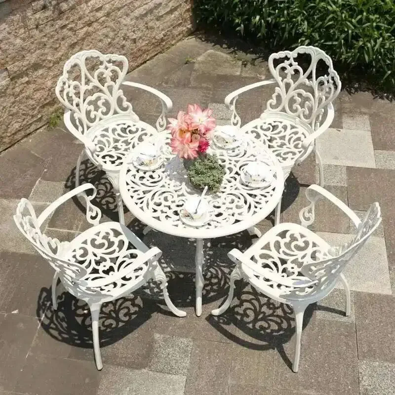 Outdoor Cast Aluminum Tables and Chairs Set Courtyard Garden Urniture Terrace Combination Leisure Metal Round Patio Table