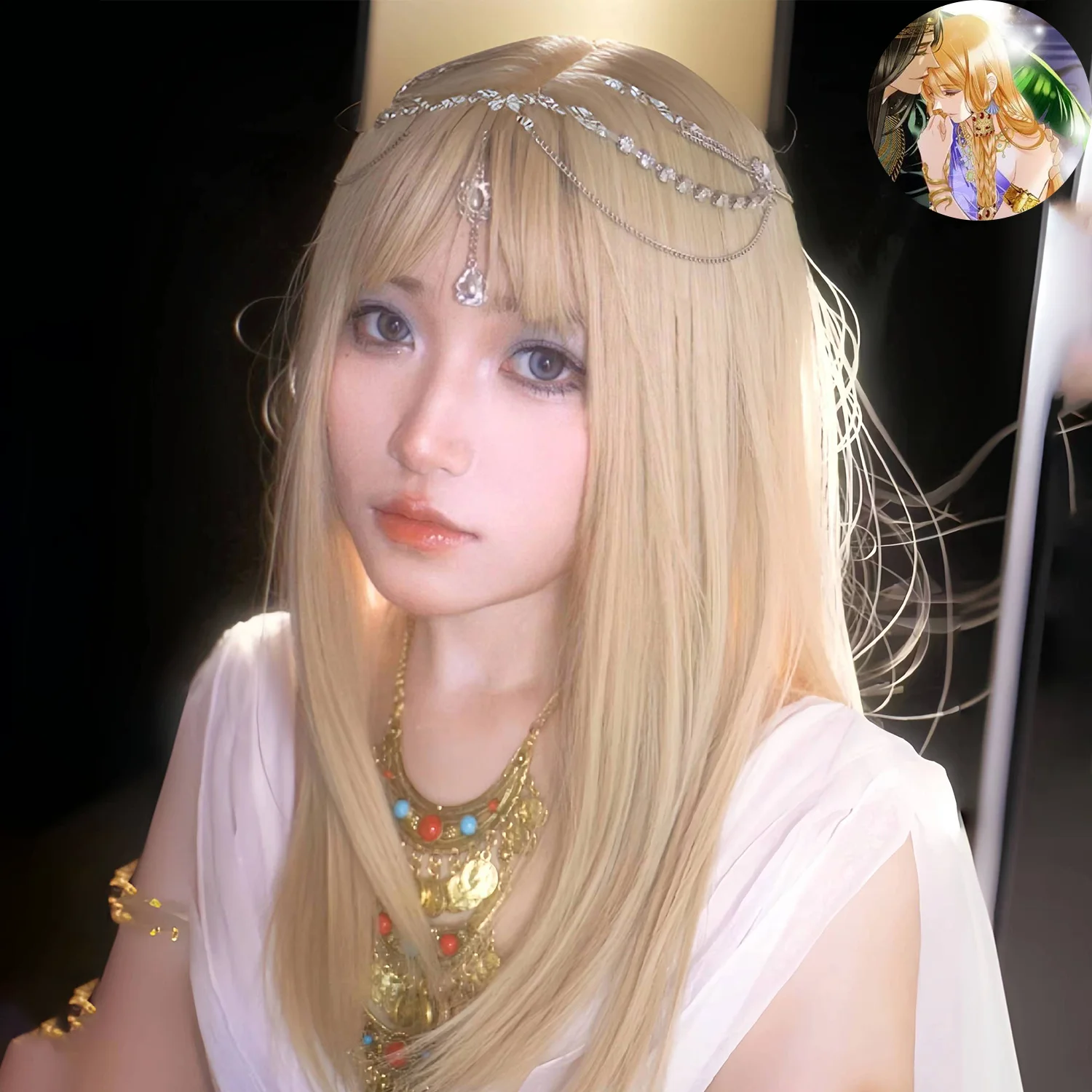 Peluca Cos de concubina del faraón "Aivees and the Song of the Sea", flequillo de aire largo y recto blanco lechoso