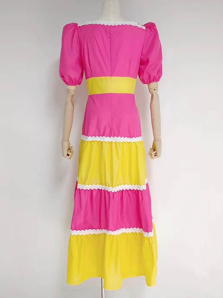 VGH-Robe à Découpes pour Femme, Col Carré, Manches Courtes Bouffantes, Taille Haute, Longueur au Sol, Style d'Été, 2025