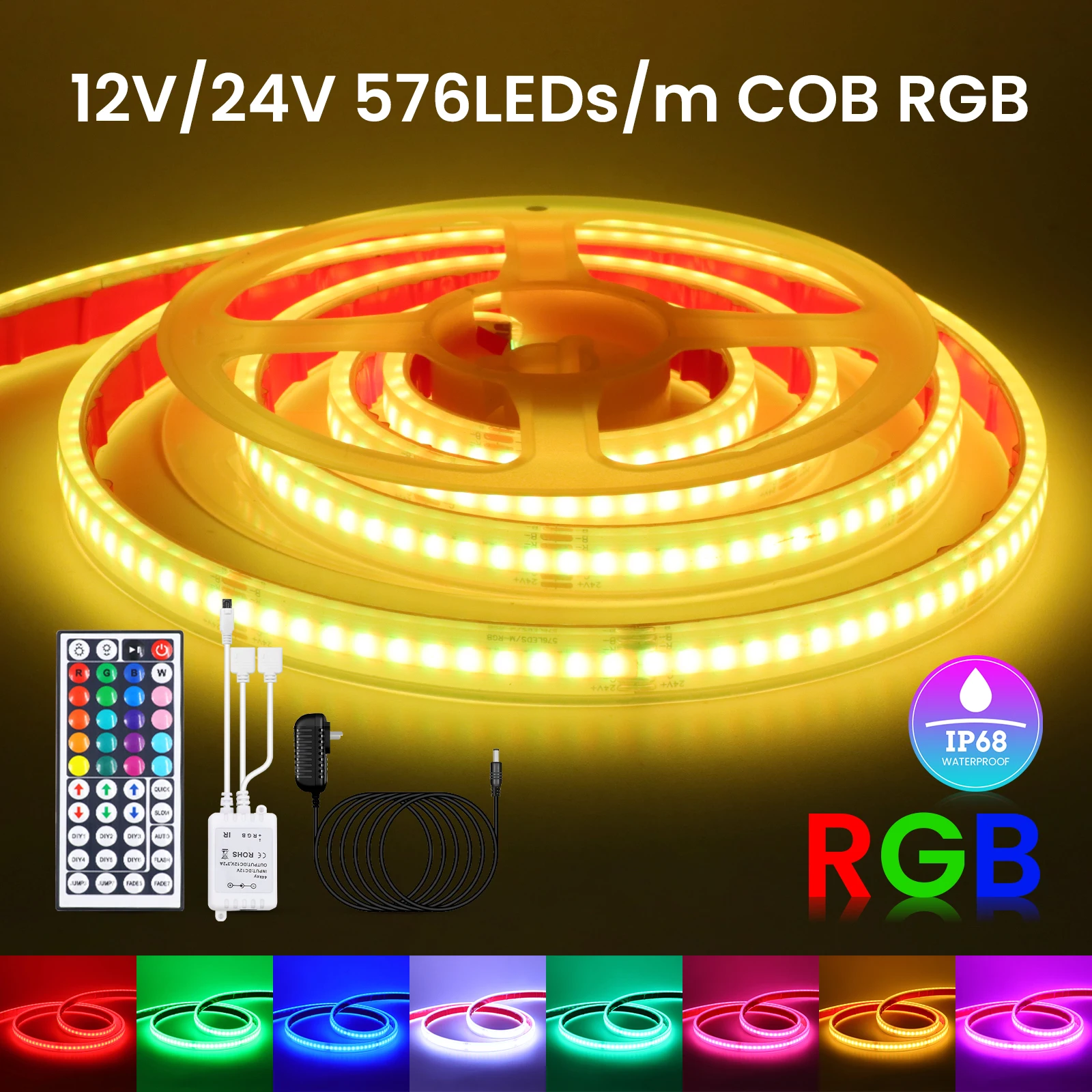 fita-de-led-rgb-cob-a-prova-d'Agua-com-controle-remoto-ir-de-44-teclas-kit-de-alimentacao-eu-us-uk-au-12v-24v-576-leds-lampada-flexivel-05m-1m-2m-5m-10m