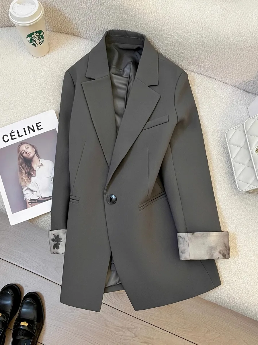 Women's Grey Oversize Blazer Jacket Office Ladies Suit Coat Y2k Harajuku Long Sleeve Outerwear 2000s Vintage Clothes Autum 2025