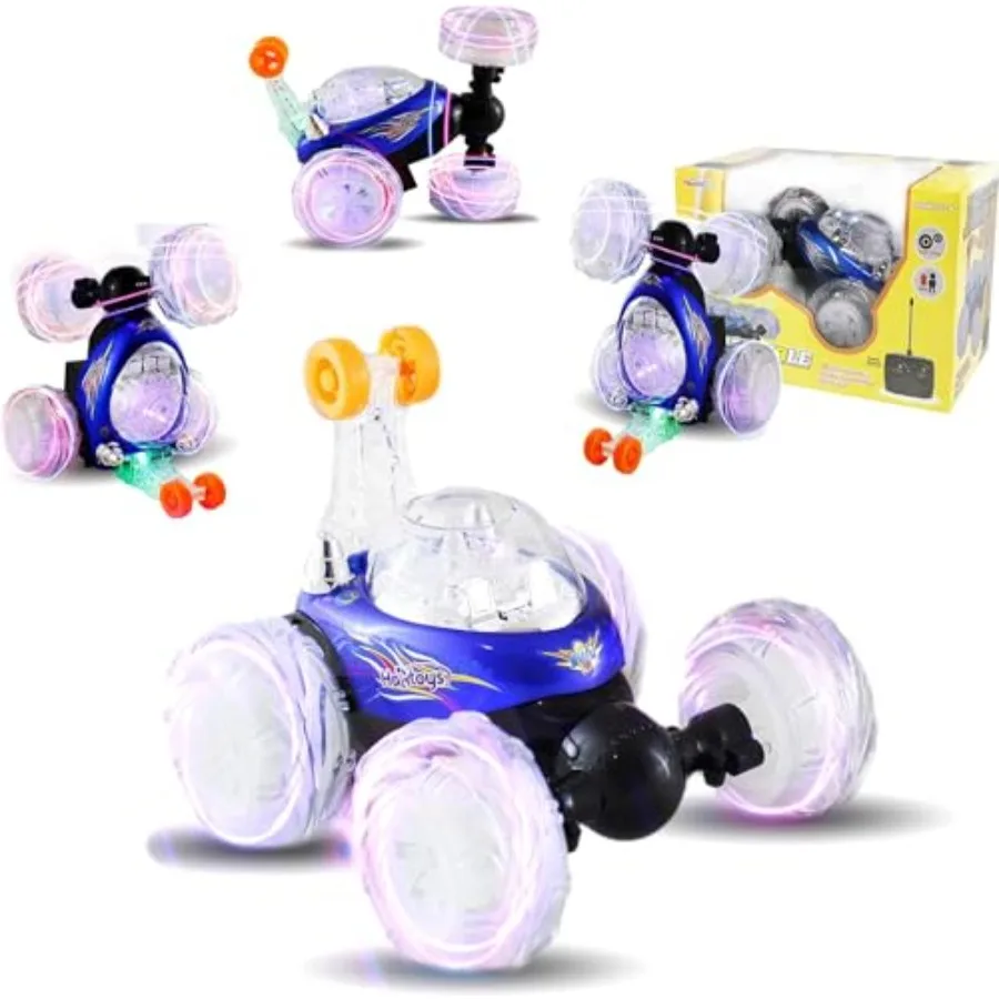 Haktoys Rechargeable RC Tornado Stunt Car 360° Flip Remote Control Turbo Twister Vehicle with Lights and Music Double-Sided Spi
