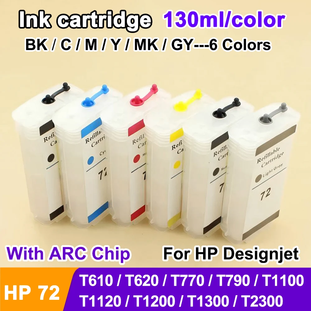 6 Colors 130ML With Chip For HP 72 HP72 Refill Ink Cartridge For HP Designjet T610 T620 T770 T790 T1100 T1300 T2300 T1200 T1120