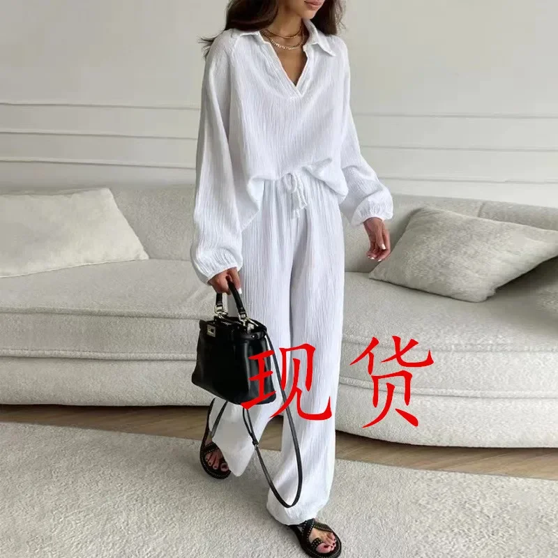 New Arrival 100% Cotton Double-layer Gauze Pant Set for Women, Stylish and Elegant Long-sleeved Shirt with Drawstring Long Pants