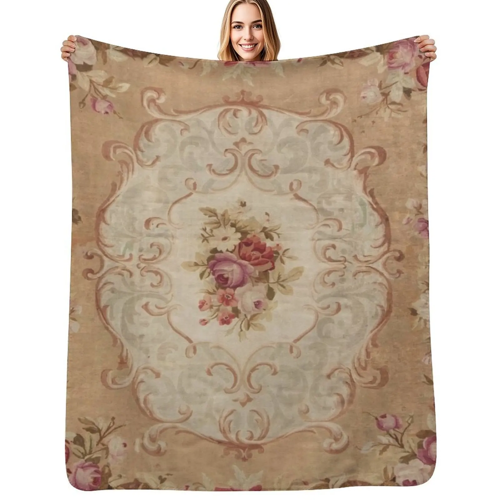 

Antique Rose Floral French Aubusson Rug Print Throw Blanket Portable Lightweight Blanket for Travel Camping