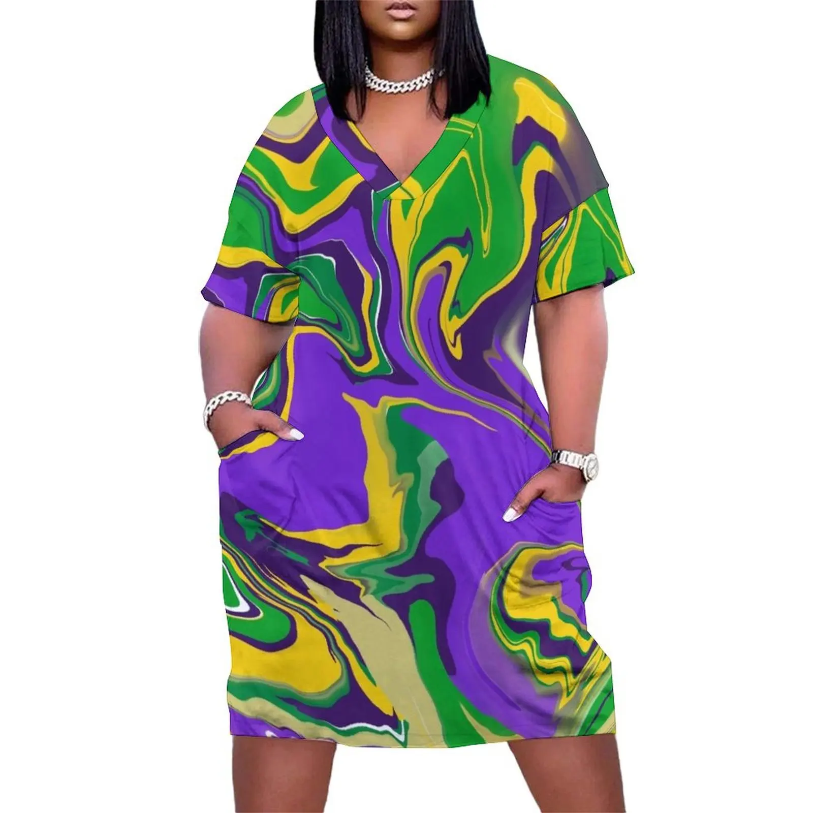 

Mardi Gras Marble Swirl Pattern Loose Pocket Dress evening dress ladies loose summer dress