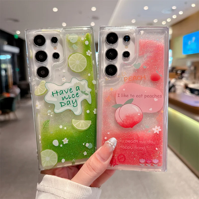 Funda flotante de arena movediza limón melocotón para Samsung S23 S24 S25 Ultra Funda de teléfono brillo rosa verde arena móvil Líquido Funda Coque