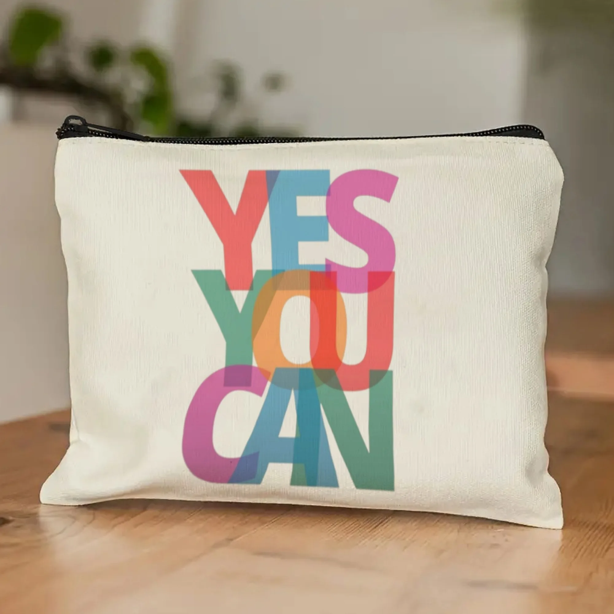 

Inspirational YES YOU CAN Pattern Print Makeup Bag，White Canvas Travel Pouch，Colorful Motivational Organizer for Daily & Travel
