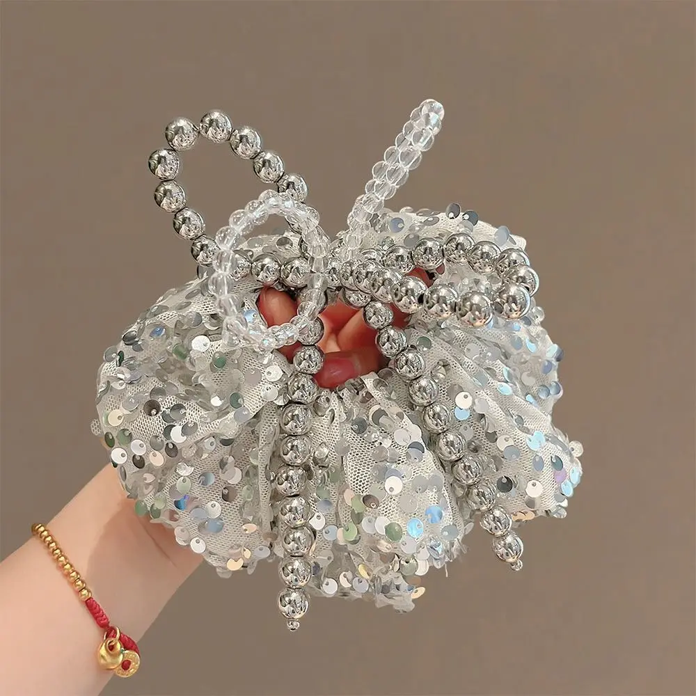 

2025 New Sequins Bowknot Hair Scrunchie Silver Beaded Elastic Hair Tie Punk Style Hair Bands for Women Girls