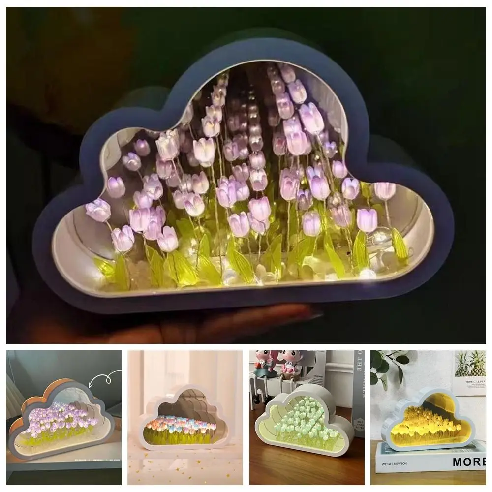 New Acrylic 20 Flowers Tulip Night Light Cloud Shape Handmade DIY Tulips Flower Table Lamp Creative Mirror Light Birthday Gifts