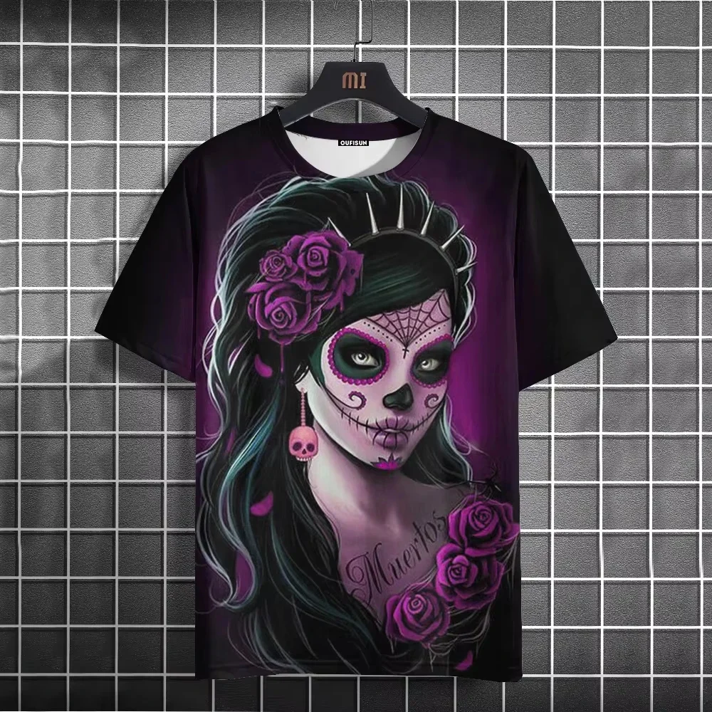 3D Printed Flower Cat T-Shirt For Men Undead Girl Pattern Tees Summer Fashion Street Short Sleeve Tops Loose Round Neck T Shirts