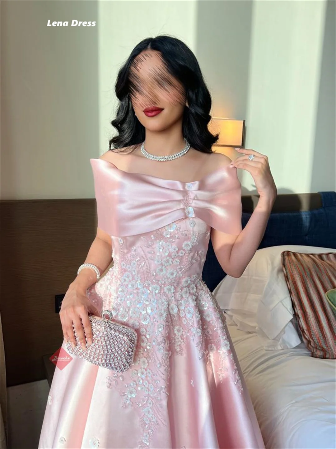 Lena Evening Dresses Pink Wedding Party Dress Satin Custom Made Flower Beading Bow Tie Elegant Woman Prom Women Special Occasion image 3