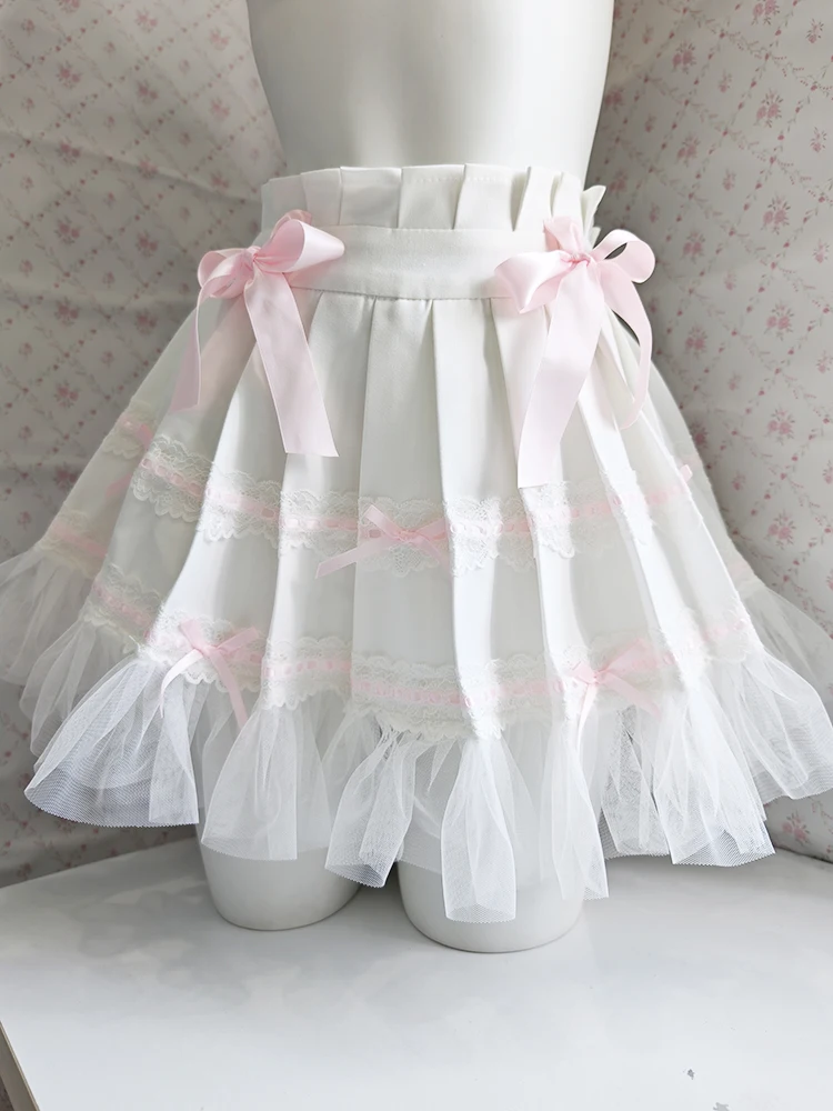 

Sweet Pleated Skirts Women Summer Lace Trim Mesh Patchwork Bows Decoration Cute Mini Shorts Skirt for Kawaii Girls