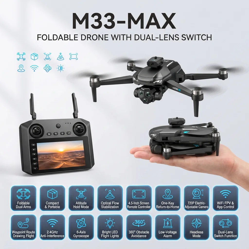 M33Max Drohne für Luftaufnahmen, faltbar, mit Fernbedienung und Bildschirm, 1080P Dual-Kamera, EIS-Stabilisierung, Echtzeitübertragung, intelligente Hindernisvermeidung, bürstenloser Motor, präzise