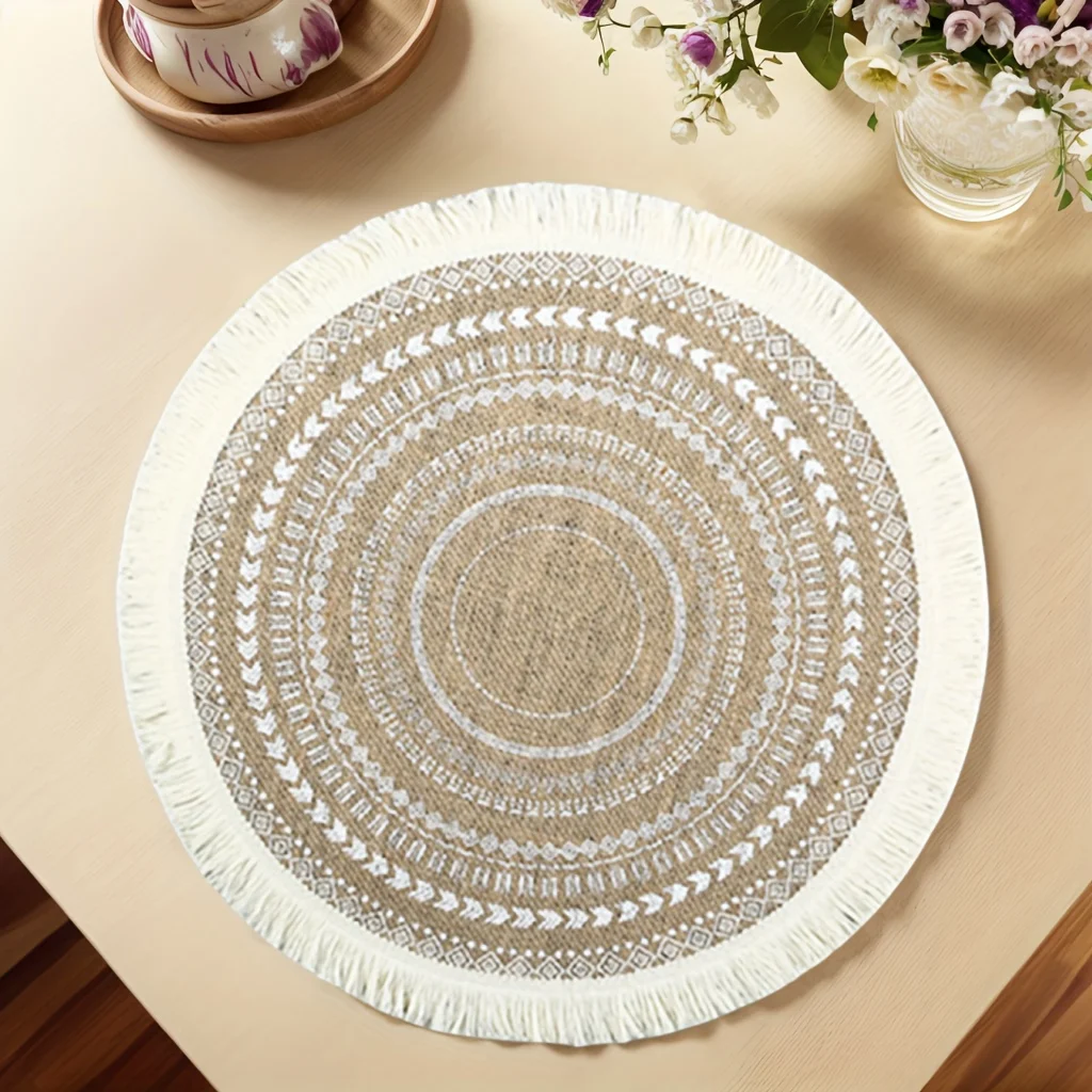 Bohemian Style Woven Round Placemat 1Pc, Fringe Tassel Design Table Mat, Decorative Table Linen for Kitchen Restaurant Daily Use