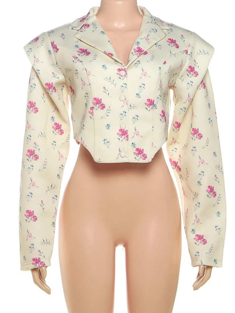 FDYOUI 2025 Herfst Bloemenprint Pak Vrouwen Lange Mouw Crop Tops Blazers Office Lady Single Breasted Korte Outerwears Streetwear
