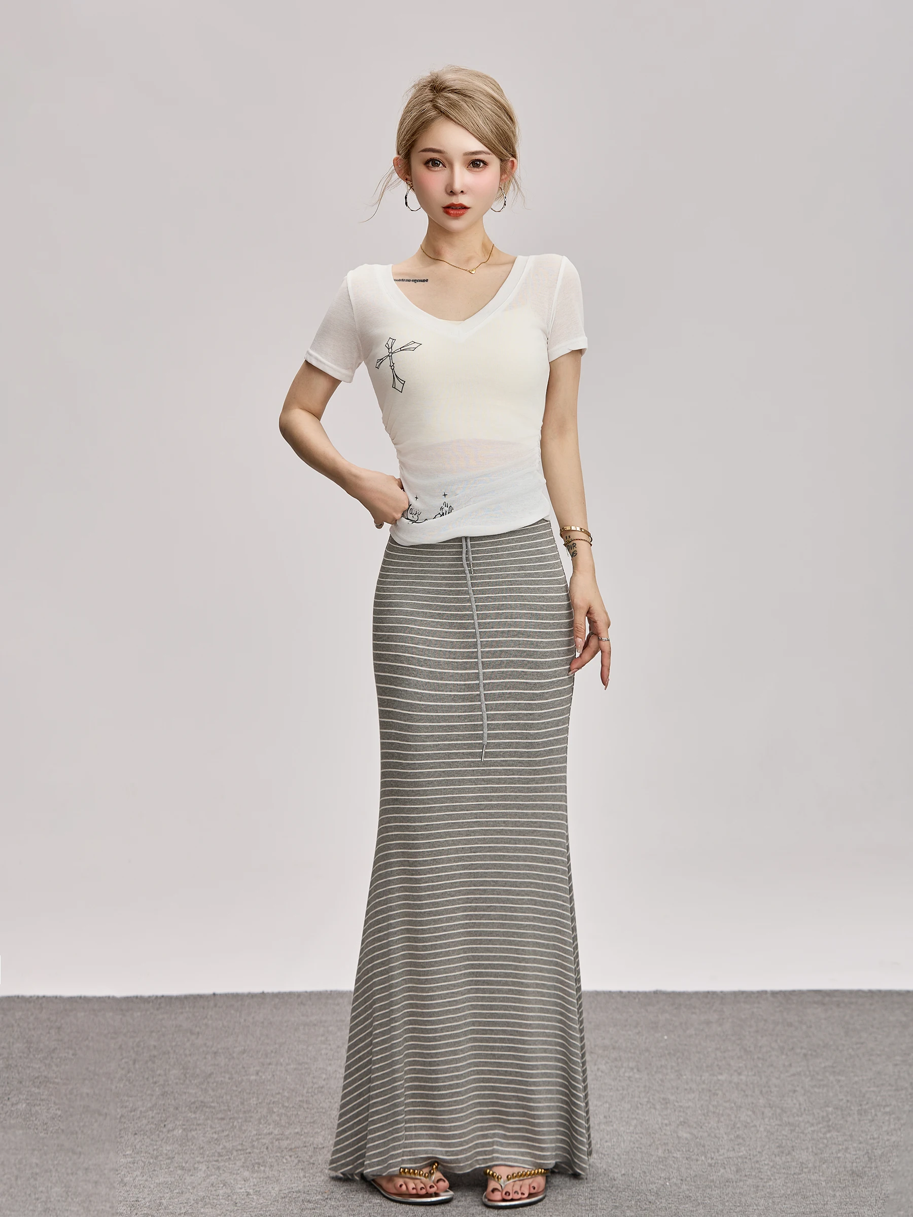 

PPWUANG ey Stripe ter Ne Dr Women's Faionable Unique Beautiful Summer Long Skirt High Waist Fi Tail