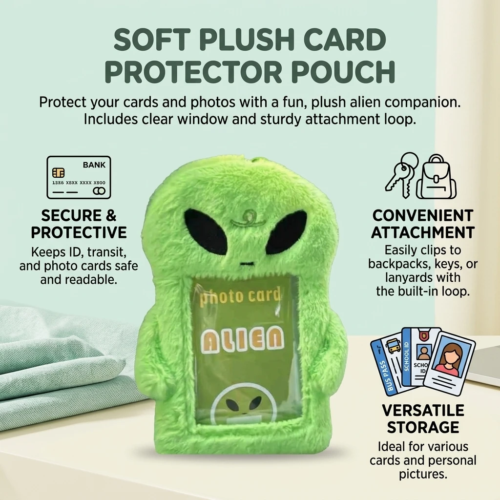 School Bus Card Plush Cartoon Holder Students Fluffy Alien Shape ID Case with Lanyard Cute Animal Badge Photo Protection Pendant view 3